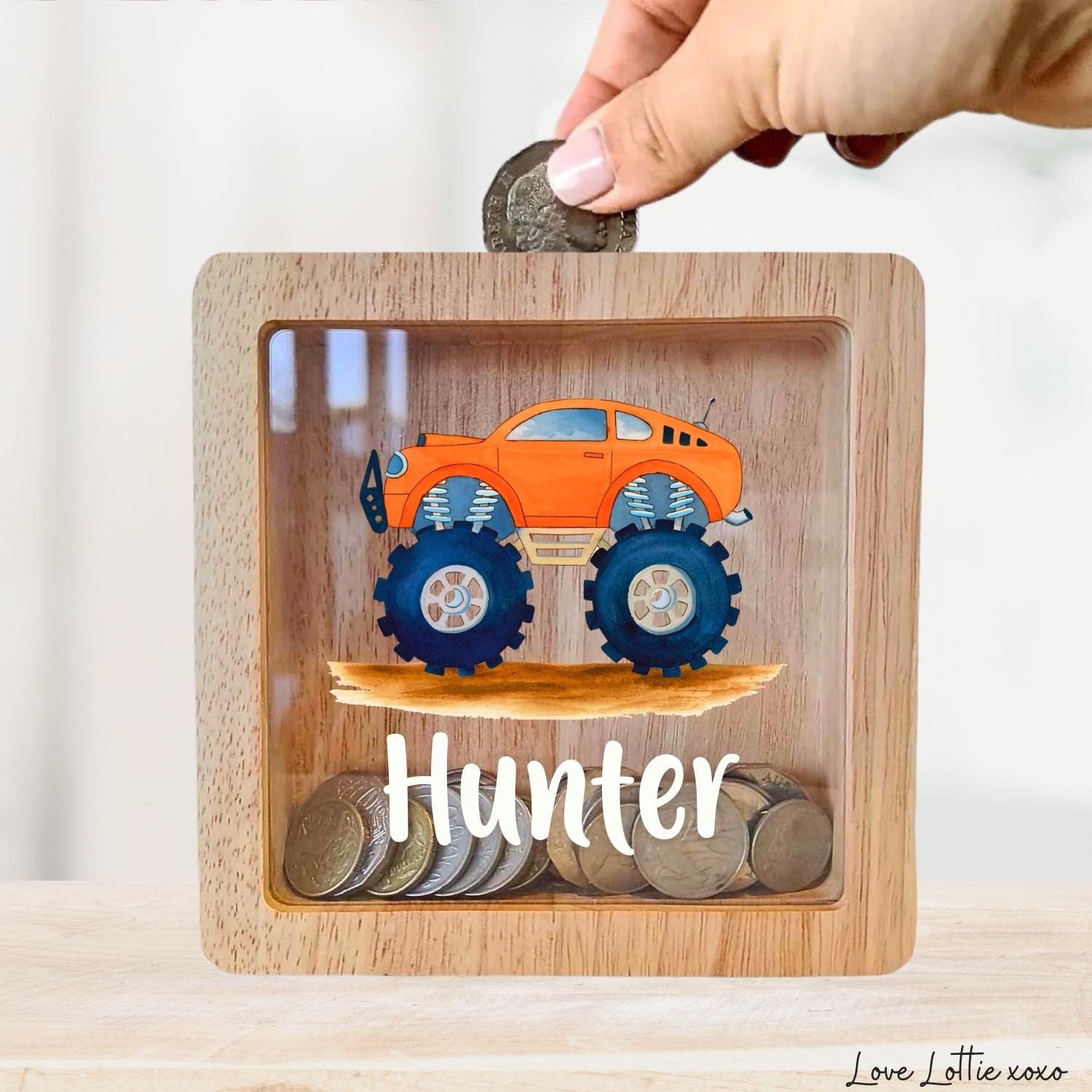 Personalised Money Box Gift - Printed Design with Custom Name - Custom Baby Gift - Monster Truck