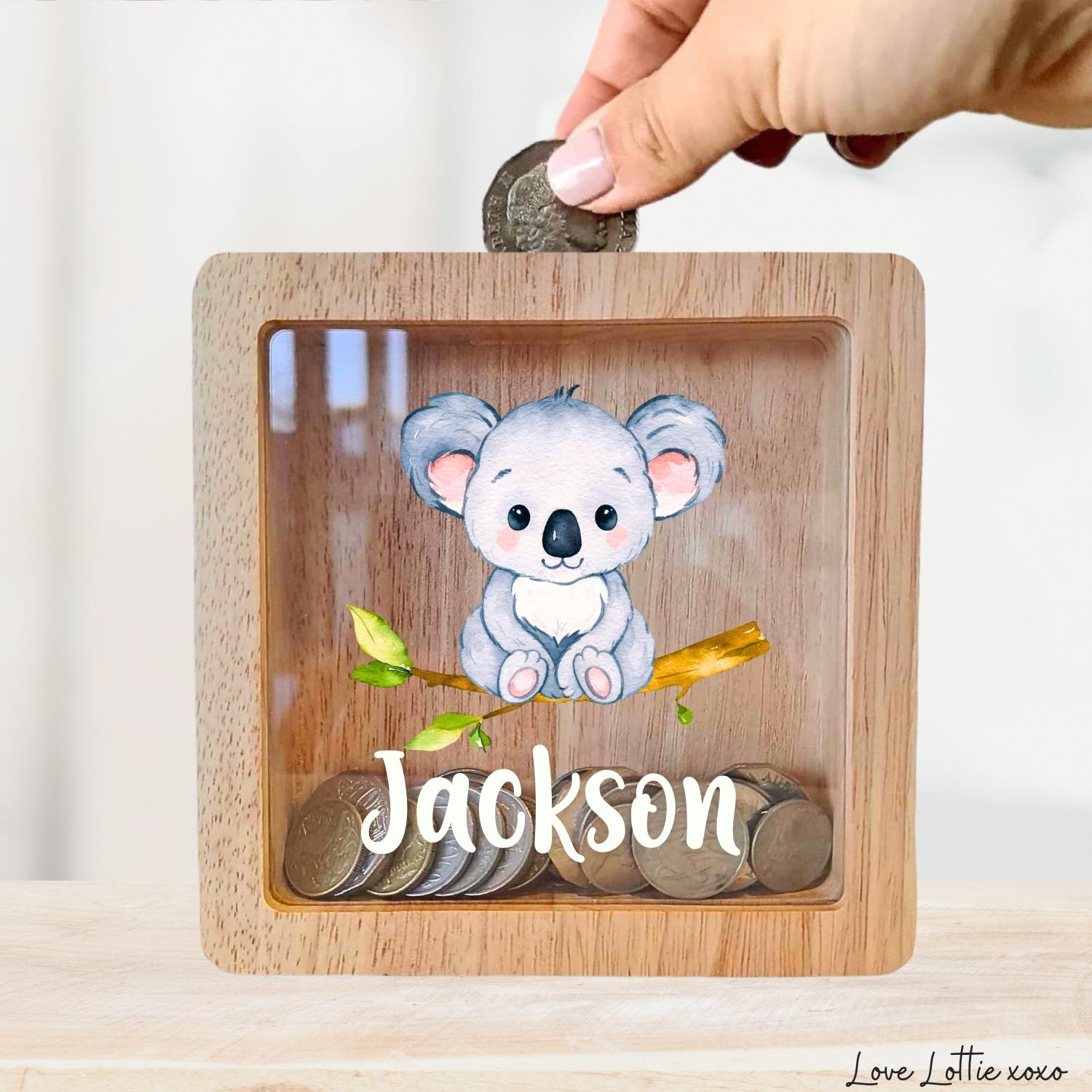 Personalised Money Box Gift - Printed Design with Custom Name - Custom Baby Gift - Koala