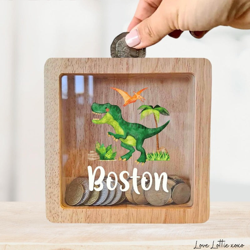 Personalised Money Box Gift - Printed Design with Custom Name - Custom Baby Gift - Dinosaur