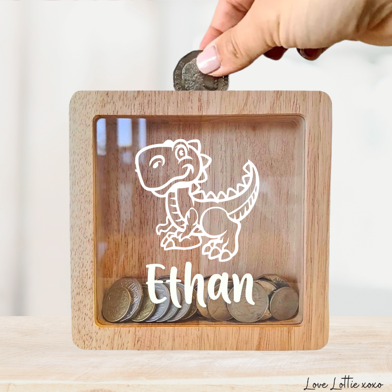 Personalised Money Box Gift - Dinosaur Design with Custom Name - Custom Baby Gift