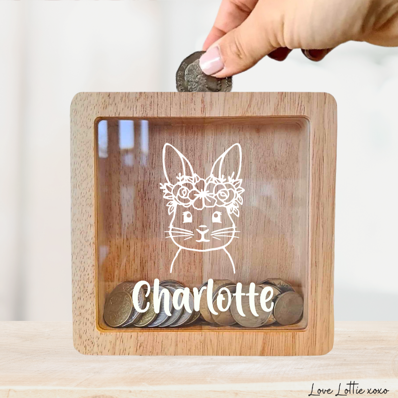 Personalised Money Box Gift - Bunny Design with Custom Name - Custom Baby Gift