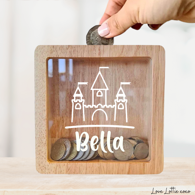 Personalised Money Box Gift - Castle Design with Custom Name - Custom Baby Gift