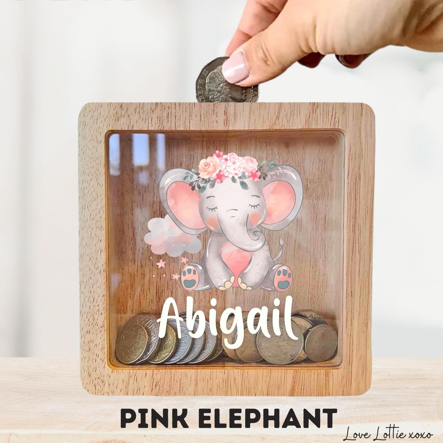 Personalised Money Box Gift - Printed Design with Custom Name - Custom Baby Gift - Blue Elephant