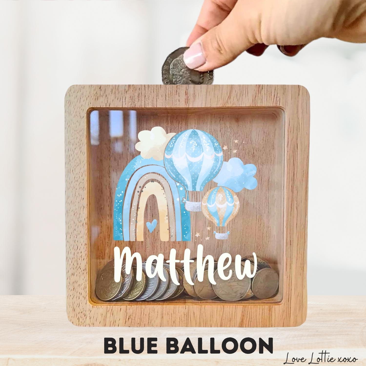 Personalised Money Box Gift - Printed Design with Custom Name - Custom Baby Gift - Blue Elephant