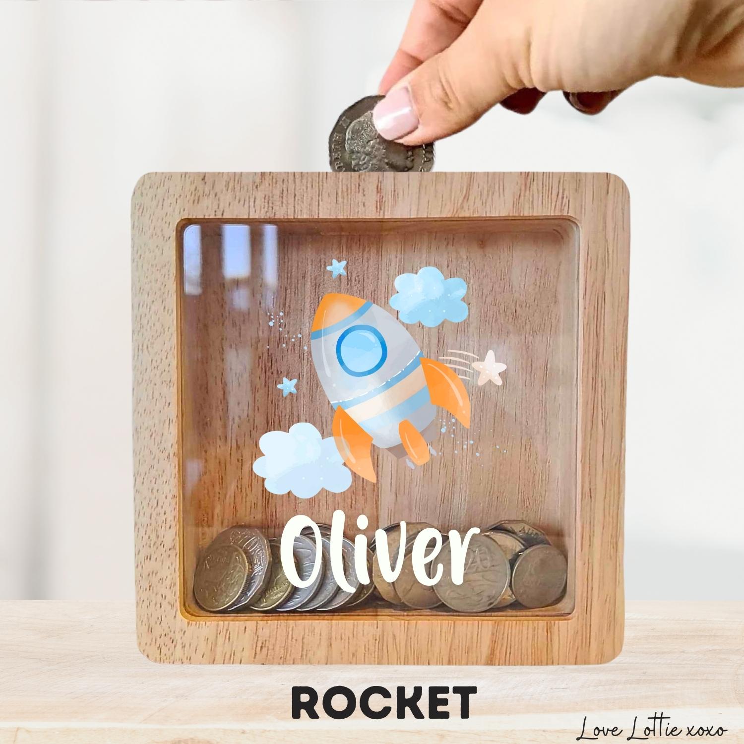 Personalised Money Box Gift - Printed Design with Custom Name - Custom Baby Gift - Rocket