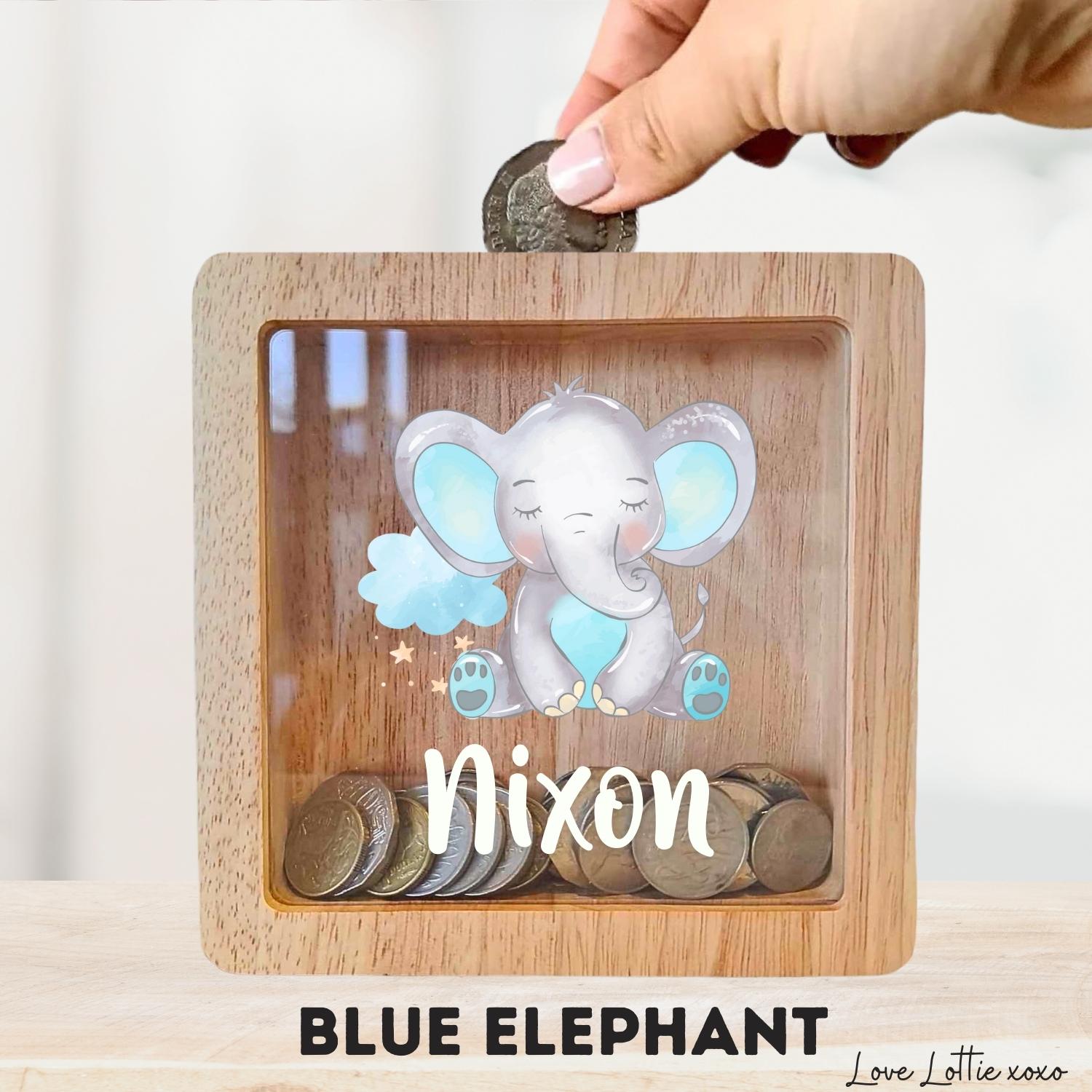 Personalised Money Box Gift - Printed Design with Custom Name - Custom Baby Gift - Blue Balloon