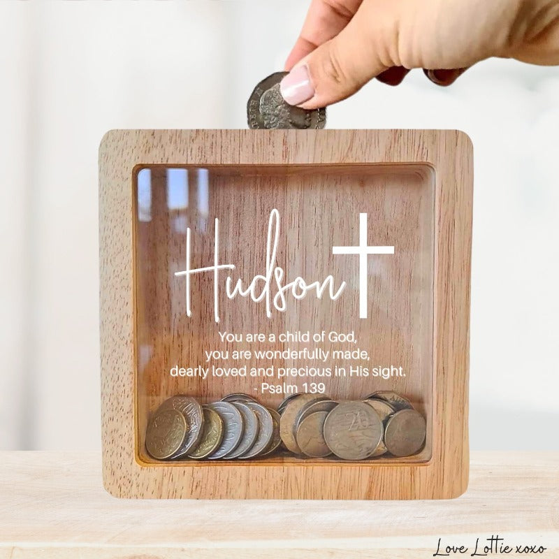 Personalised Money Box Gift - Custom Name Verse with Cross Design - Custom Baby Gift