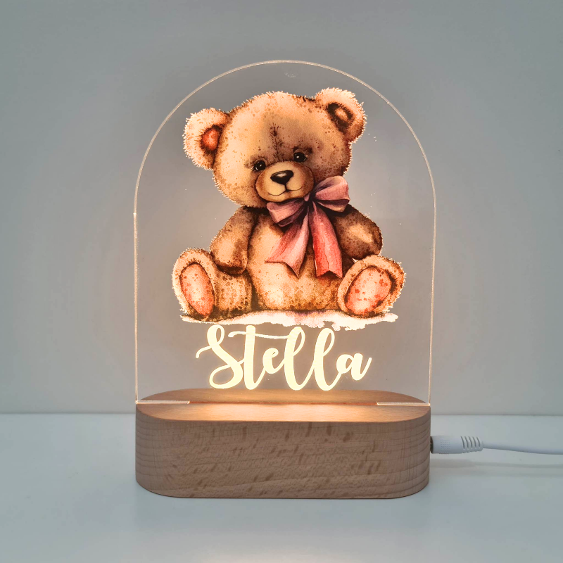 Personalised Gifts Night Light for Kids - Printed Teddy Pink