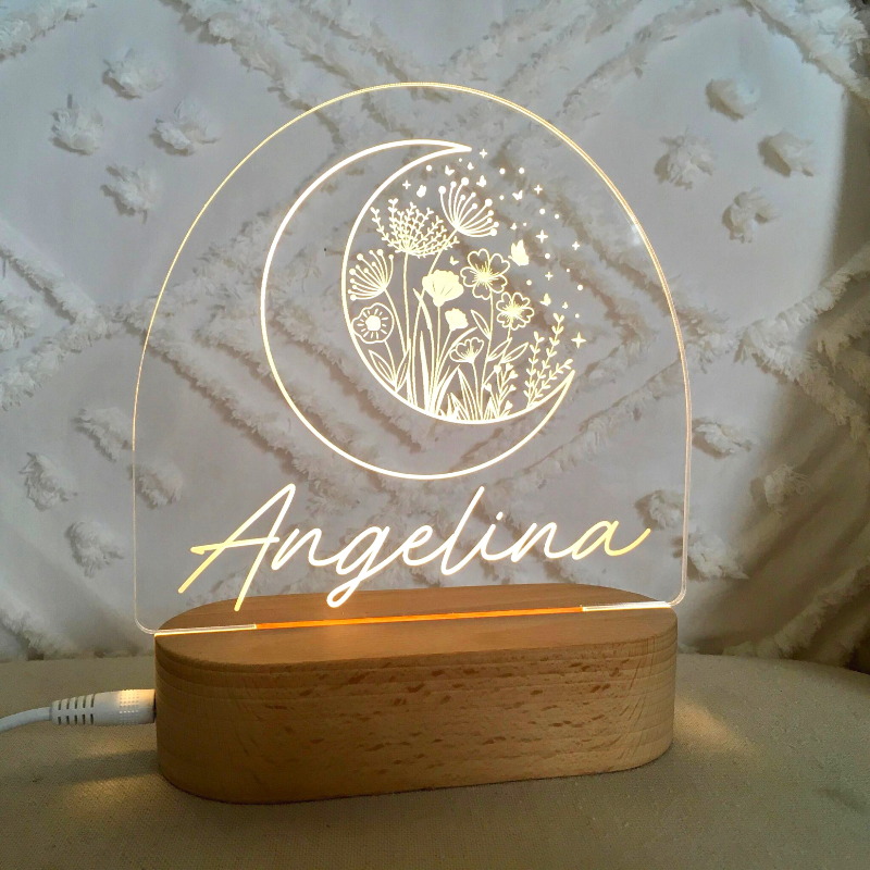 Personalised Kids Night Light - Moon Flowers