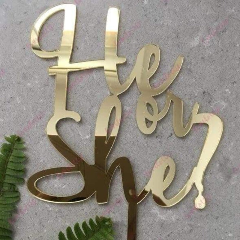 He Or She Acrylic Gold Mirror Baby Gender Reveal Cake Topper