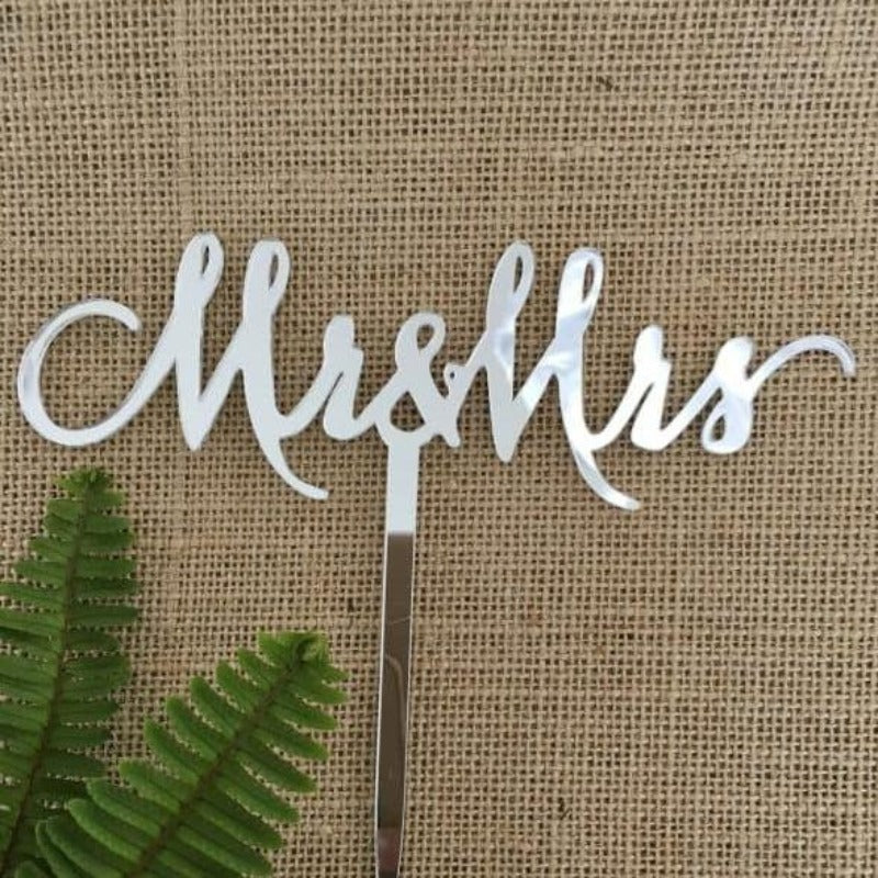 Mr &amp; Mrs (single line) Acrylic Silver Mirror Wedding Cake Topper