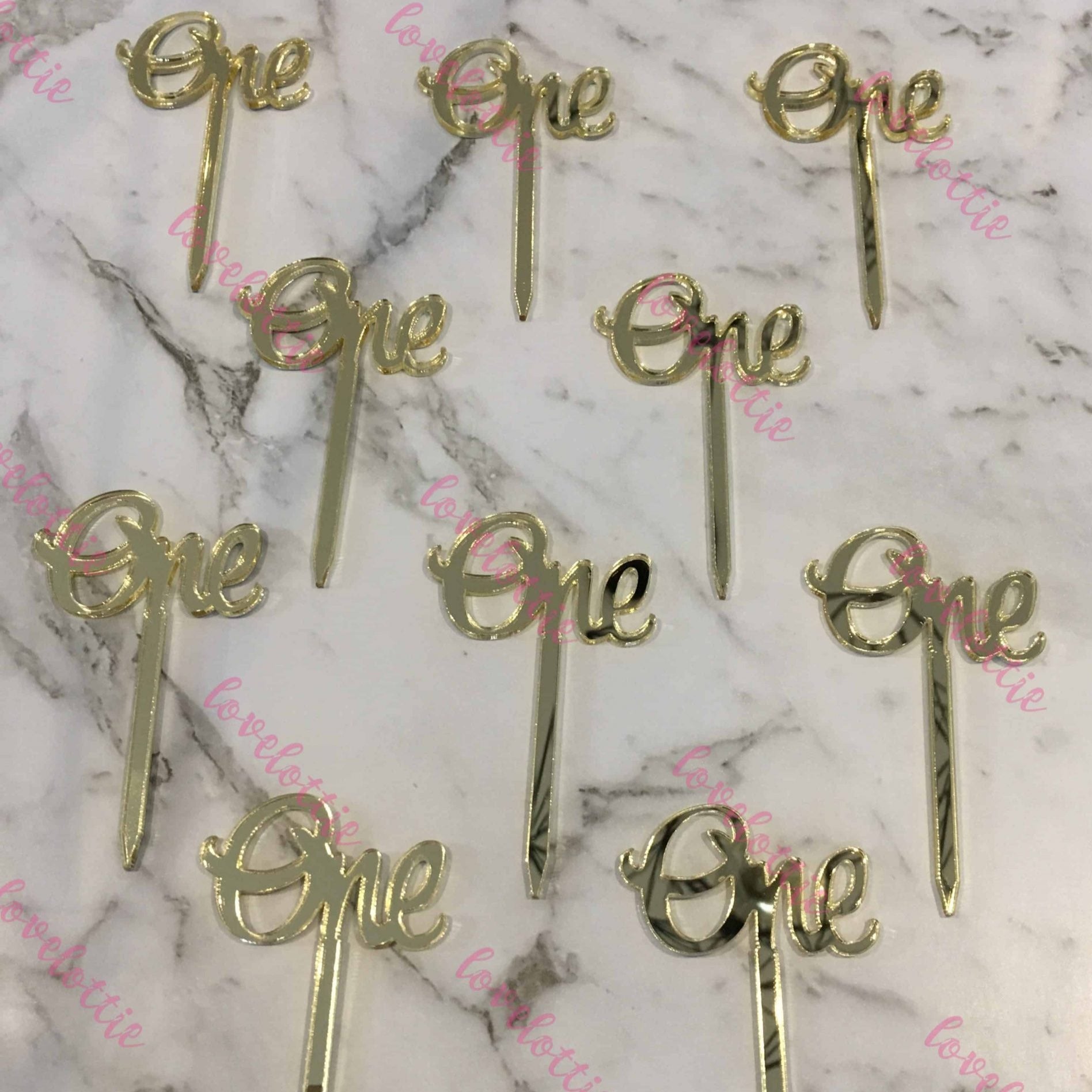 10 x One 1st Birthday Acrylic Gold Mirror Cupcake Topper