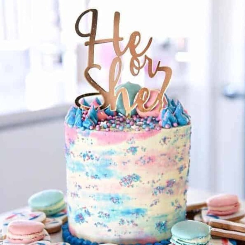 He Or She Acrylic Gold Mirror Baby Gender Reveal Cake Topper