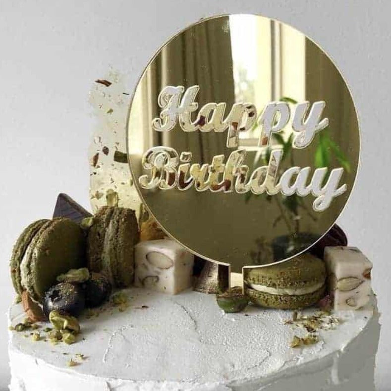 Happy Birthday Acrylic Gold Mirror Round Cake Topper