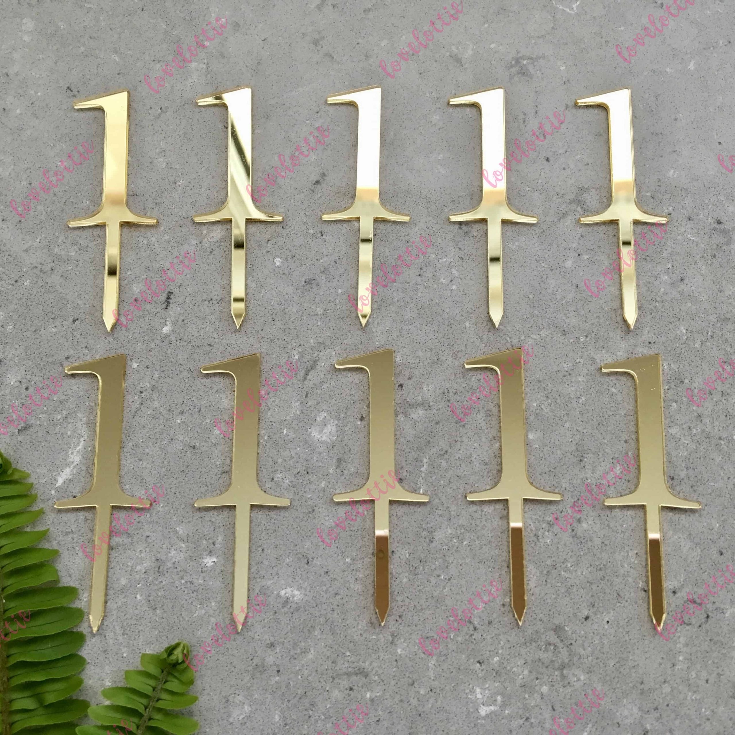 10 x Number 1 Birthday Acrylic Gold Mirror Cupcake Topper