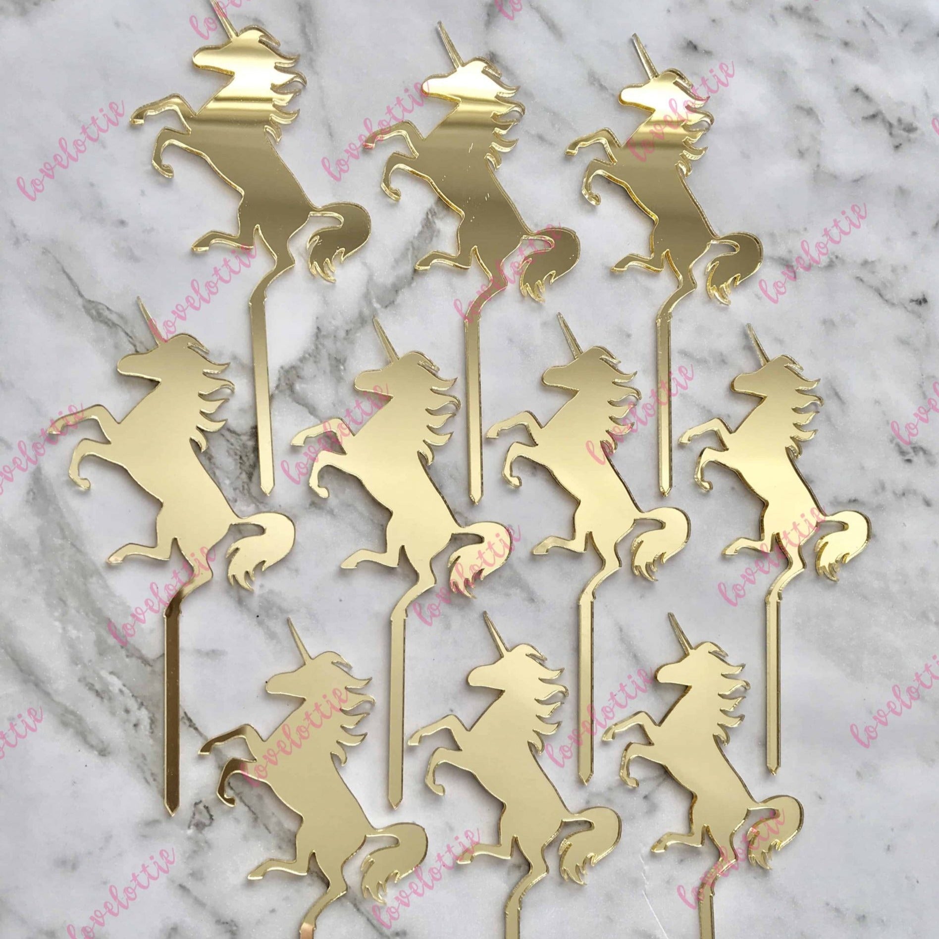 10 x Unicorn Cupcake Gold Mirror Acrylic Brithday Cake Topper