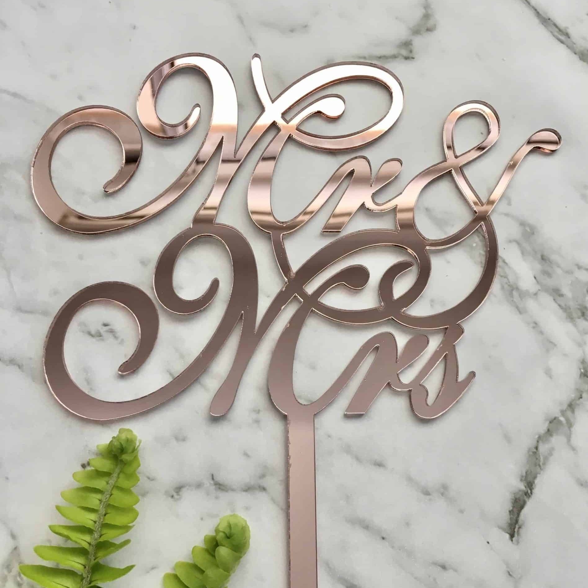 Mr &amp; Mrs Script Acrylic Rose Gold Mirror Wedding Cake Topper